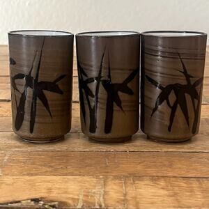 Vintage OMC Otagiri Set Of 3 3.5" Drinking Cups Brown Bamboo Design